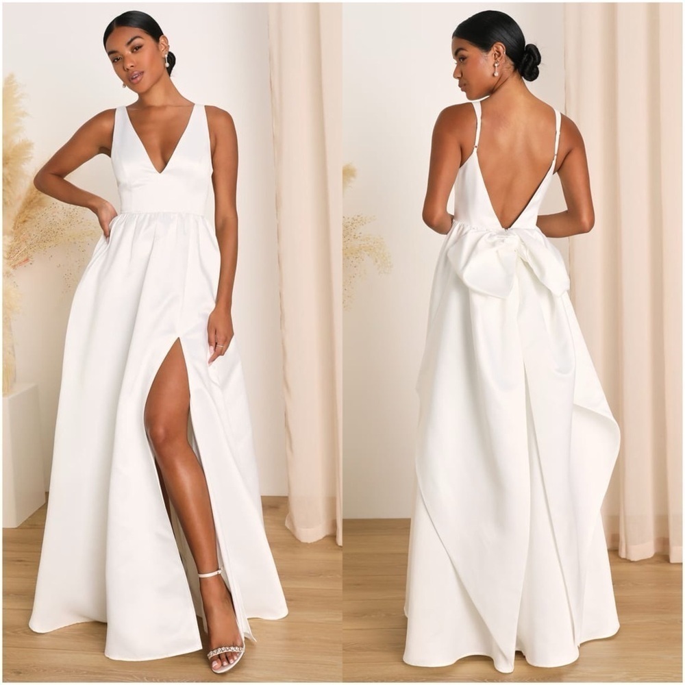 LULU’S Blissfully Beloved Ivory Backless A-Line Bow Maxi Dress